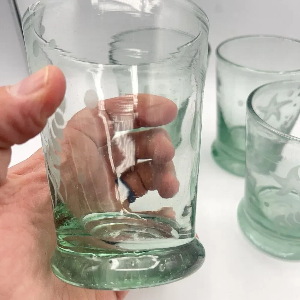 Set Of 4 Hand Blown Green Glass Etched Starfish Shell 8 oz 4” Heavyweight Bottom